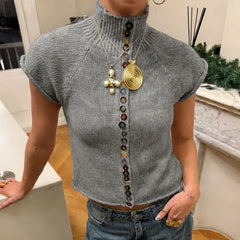 Vintage Buttons Short Sleeve Sweater T-shirt Slim Fit High Neck Knitted Tees Y2K Preppy Cute Crop Top
