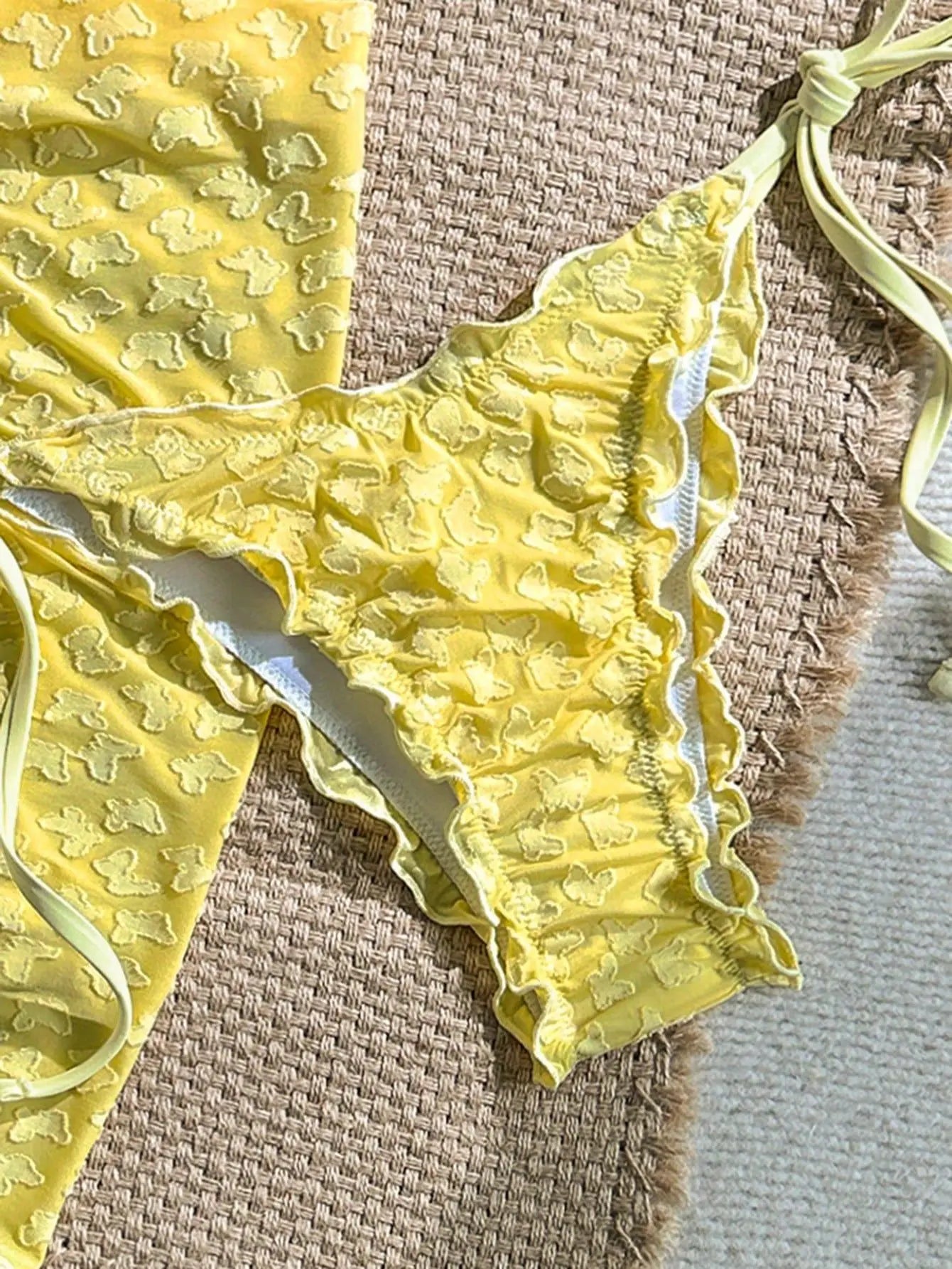 Sexy Yellow Coffee Mesh Skirt 3 Piece Bikini Set