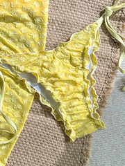 Sexy Yellow Coffee Mesh Skirt 3 Piece Bikini Set