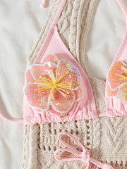 3D Flowers Halter Mini Micro Thong Bikini