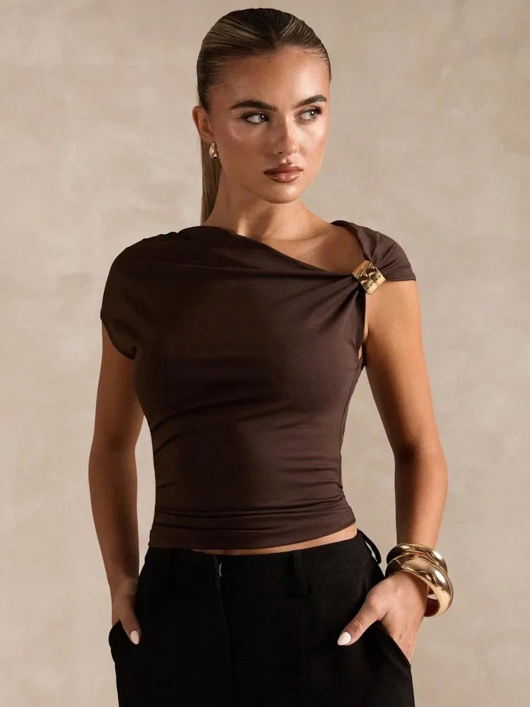 Asymmetrical Pleating Neck Crop Top