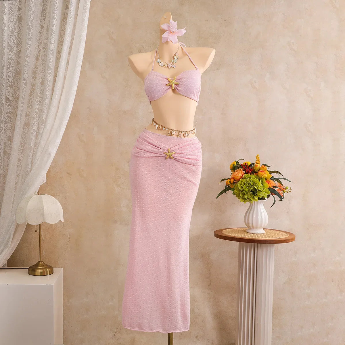 Sexy Pink Mesh Mermaid Skirt 3 Piece Bikini Set