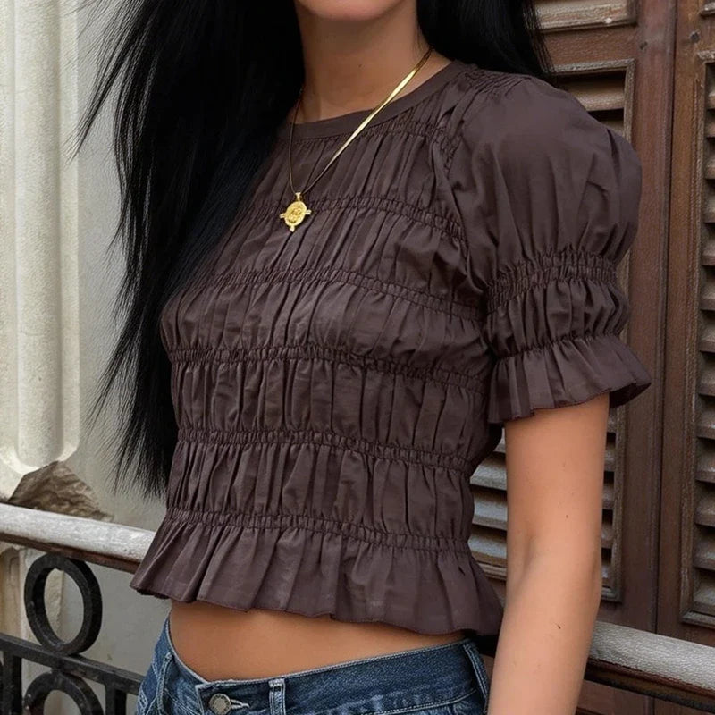 Solid Color Slim Fit Ruffle Short Sleeve Round Neck Crop Tops
