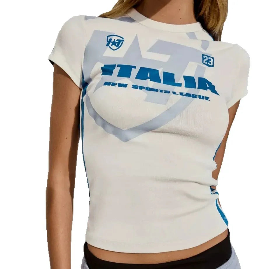 Round Neck Short Sleeve Slim Fit Cropped T-Shirt Star Letter Print Stripe Splicing Top