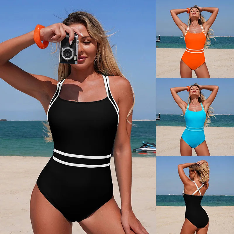 Sexy Black White Patchwork Swimwear Women Halter Back Cross Tummy Control One Piece Swimsuit