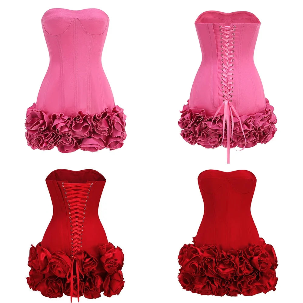 Sexy Sleeveless Off Shoulder Self Tie Knot 3D Floral Embroidery Mini Dress