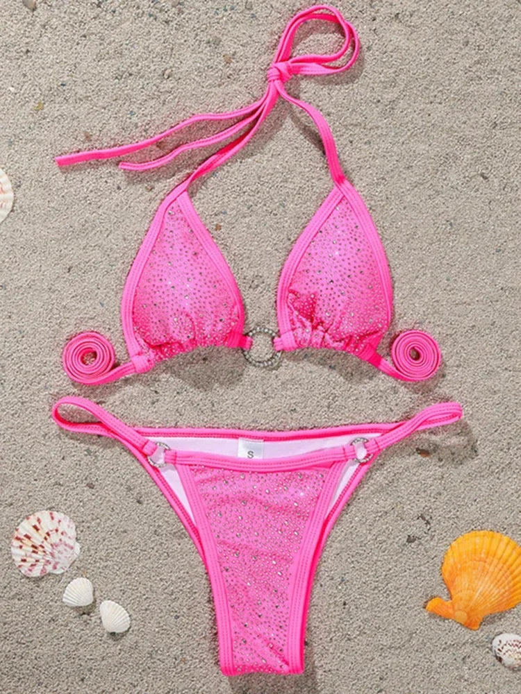 Halter Shiny Rhinestone Diamond Mini Micro Bikini