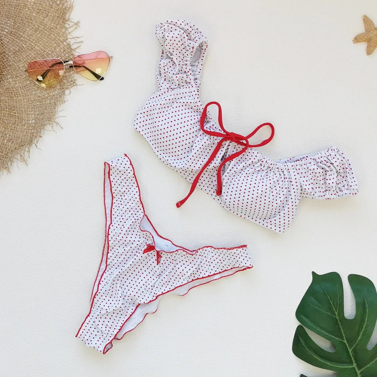 Retro Red Polka Dot Printed Bikini Set