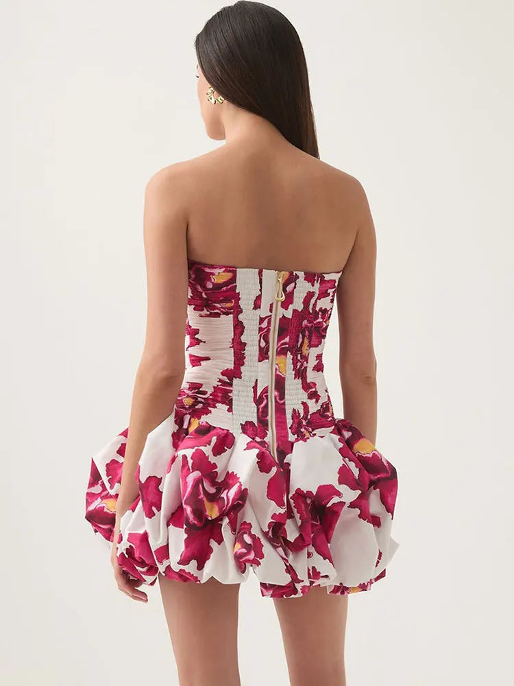 Sexy Strapless Printed Ruffles Folds Deign Mini A-line Dress