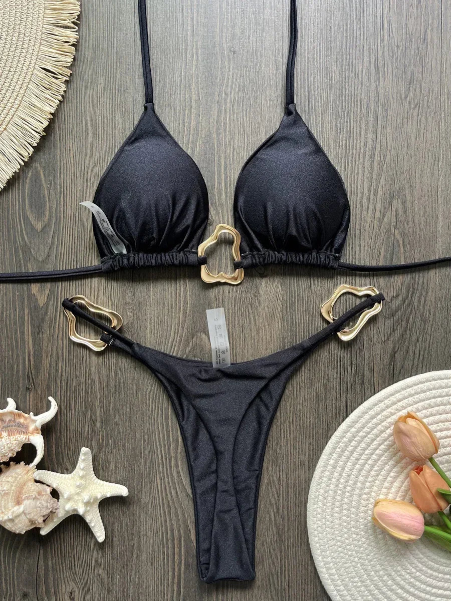 Sparkling Metal Ring Halter Extreme Mini Thong Bikini