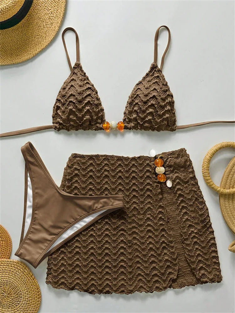 Sexy Coffee Pleate Skirt 3 Piece Swimsuit