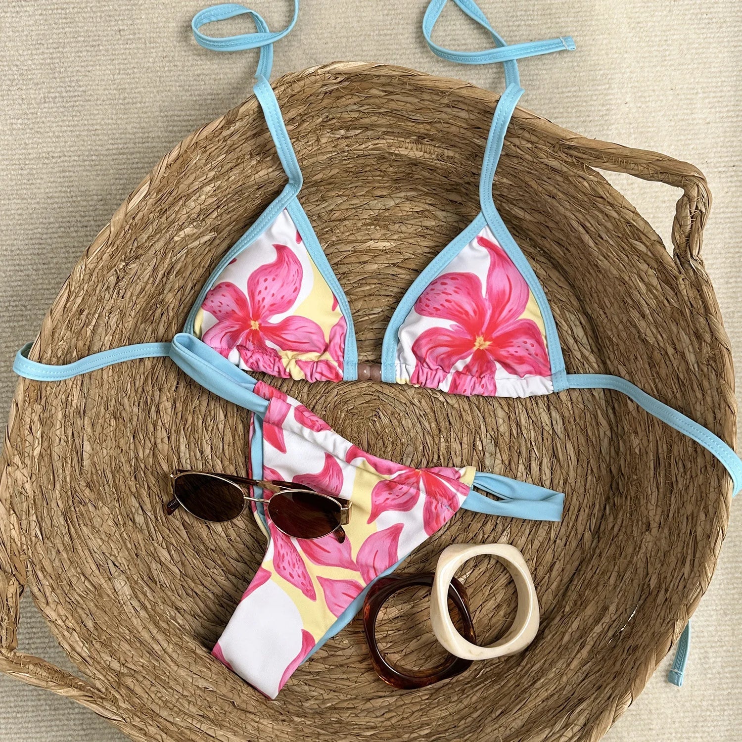 Sexy Coffee Flower Print Bikini Set