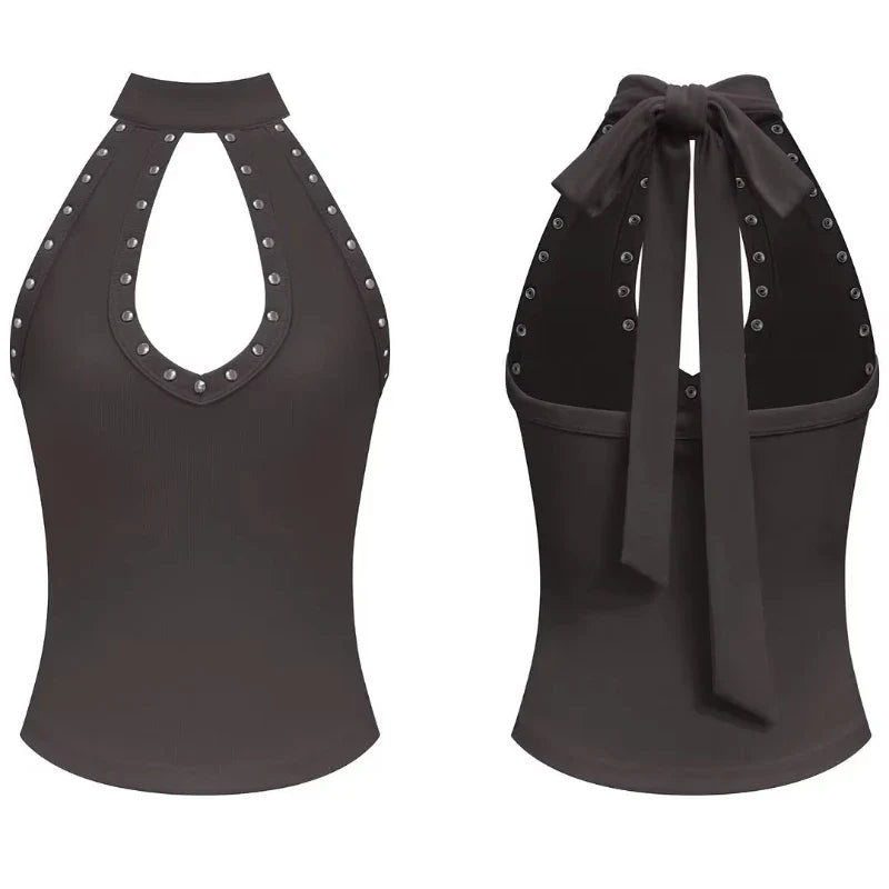 Commuting Gothic Style Rivet Embellished Halter Tank Top