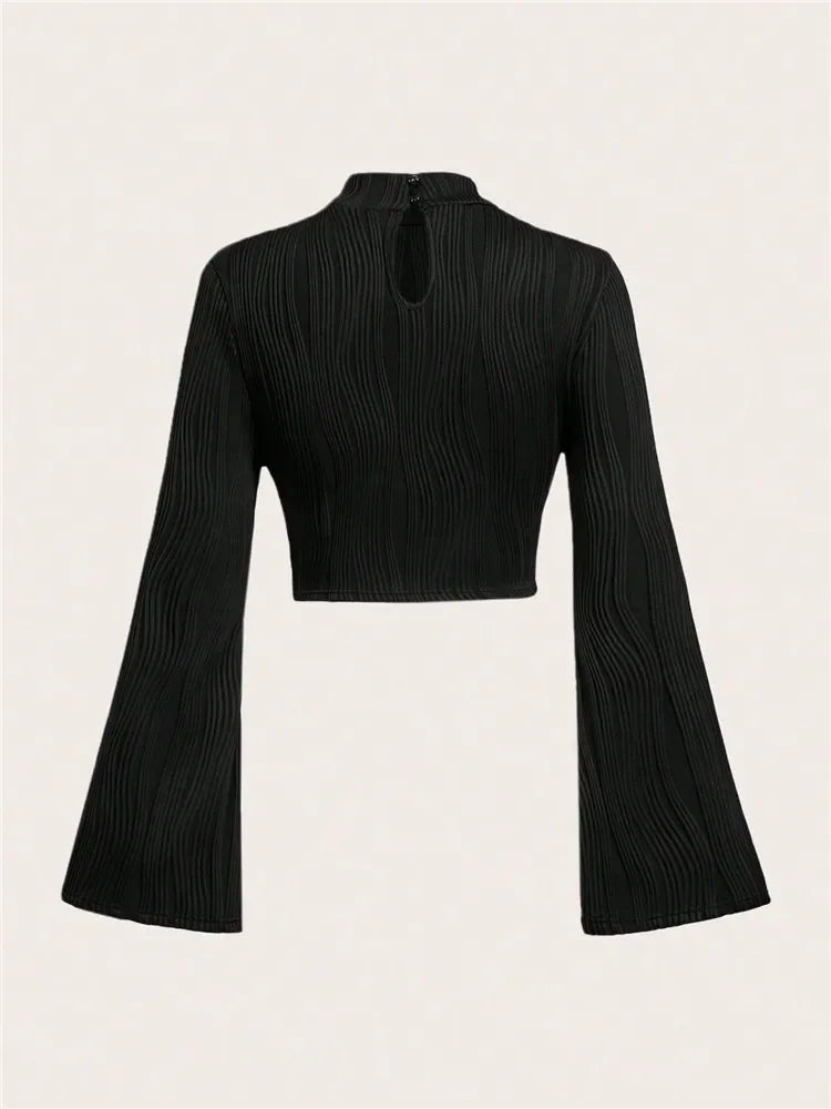 Casual Black Mock Neck Flare Long Sleeve Crop Top