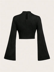 Casual Black Mock Neck Flare Long Sleeve Crop Top