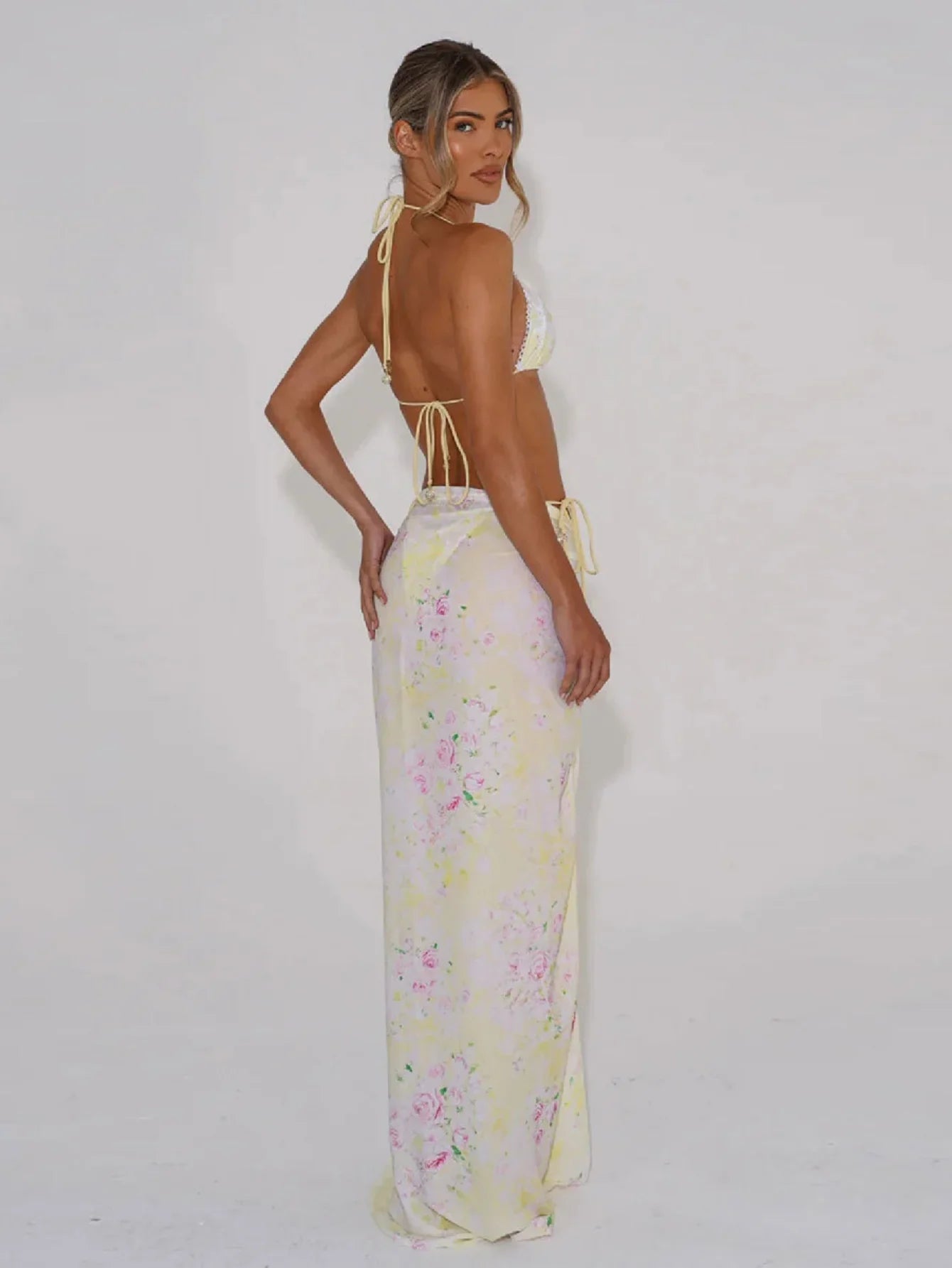 Sexy Yellow Floral Print Long Skirt 3 Piece Swimsuit