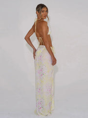 Sexy Yellow Floral Print Long Skirt 3 Piece Swimsuit