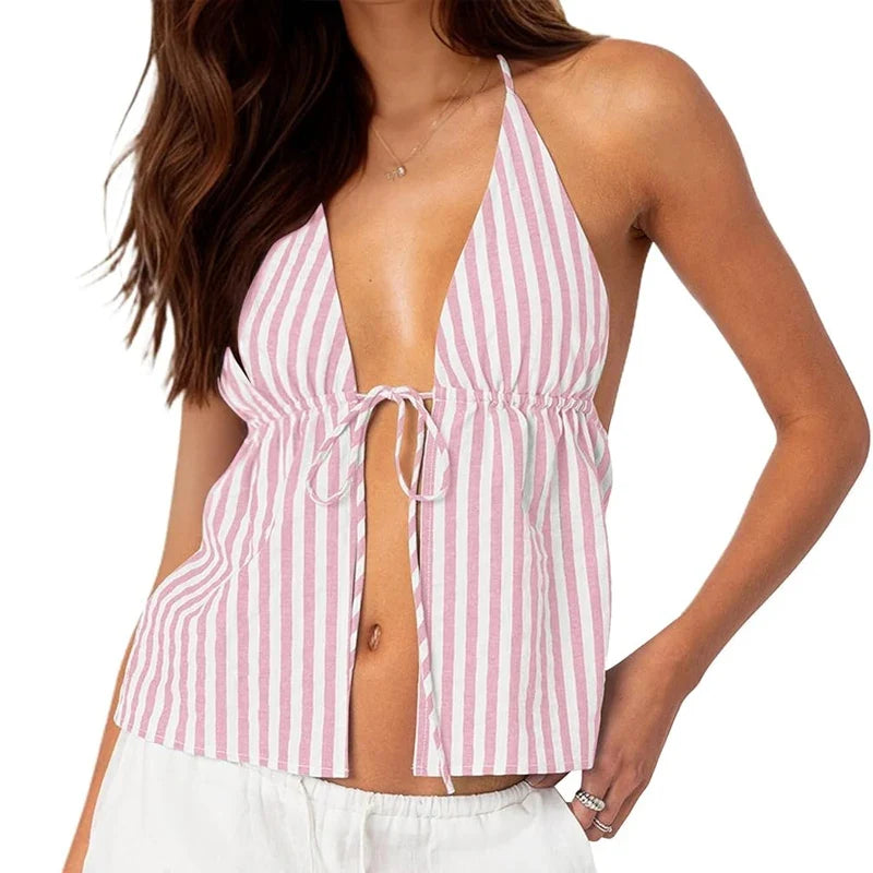 Striped Front Tie Up Halter Neck Cami Sexy Low Cut Backless Crop Tops