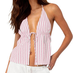 Striped Front Tie Up Halter Neck Cami Sexy Low Cut Backless Crop Tops