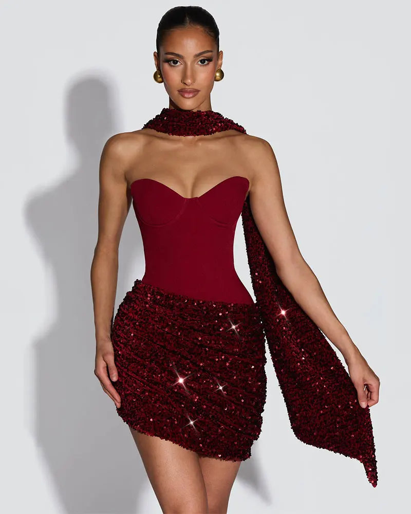 Strapless Back Lace-up Scarf Sexy Mini Dress