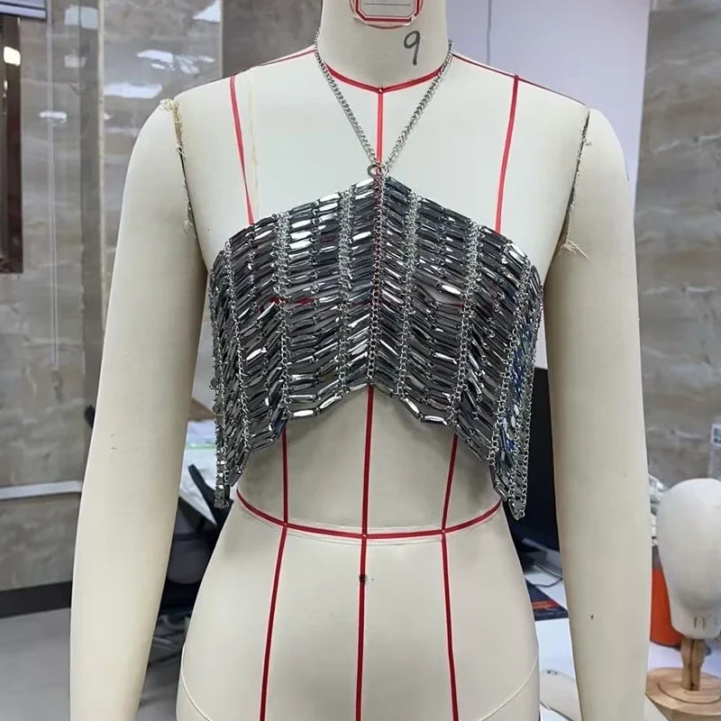 Crystal Beading Halterneck Vest Chain Tie Up Backless Crop Tops