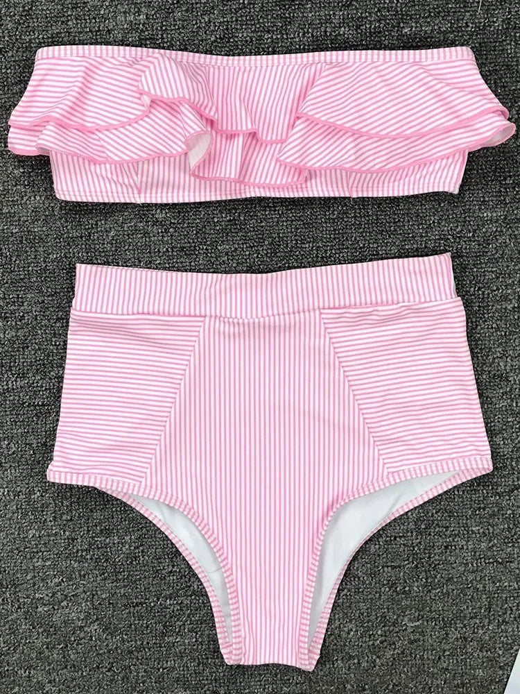 Striped Top Ruffle High Waist Bikini