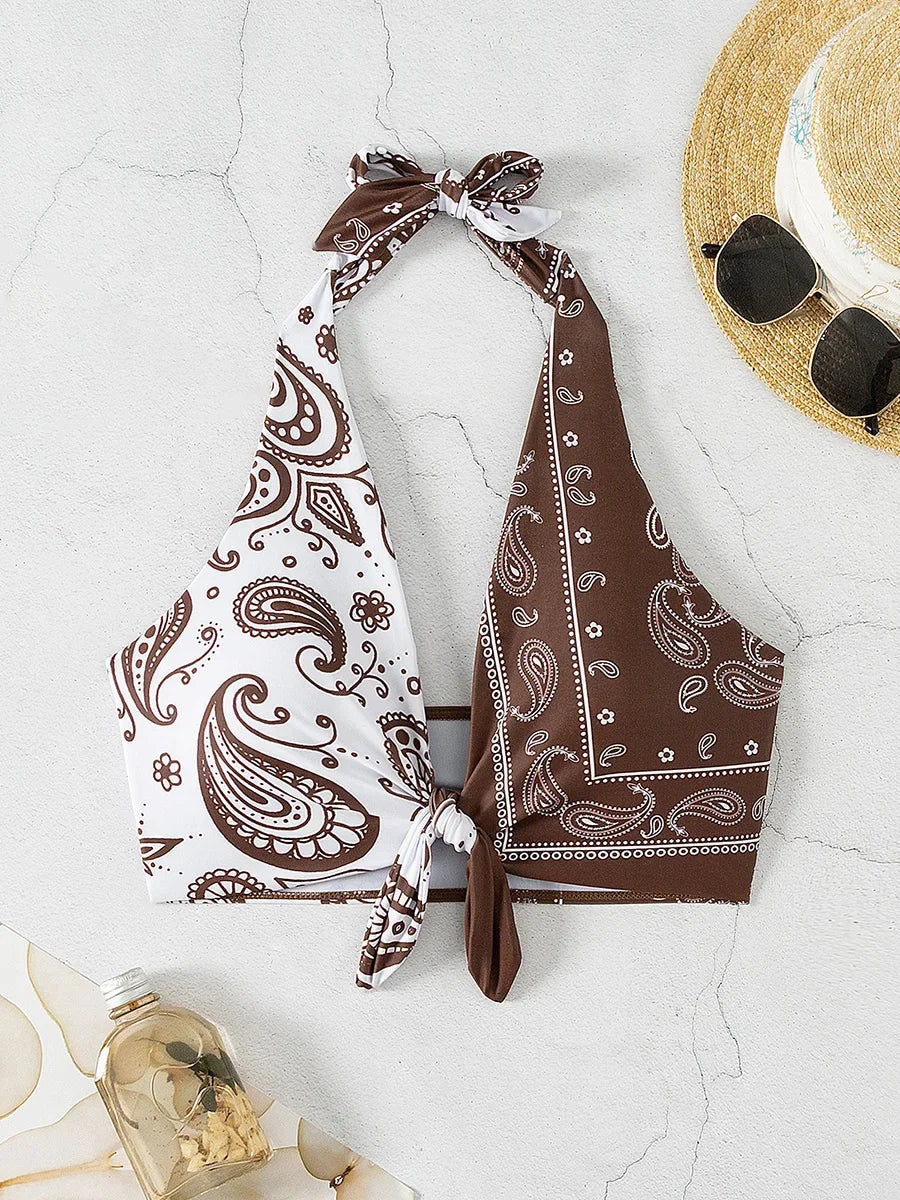 XS - L Sexy Printed Splicing Halter Knotted Bikini