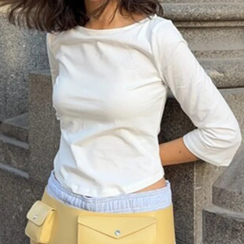 Boat Neck 3/4 Sleeve Curved Hem Crop Top