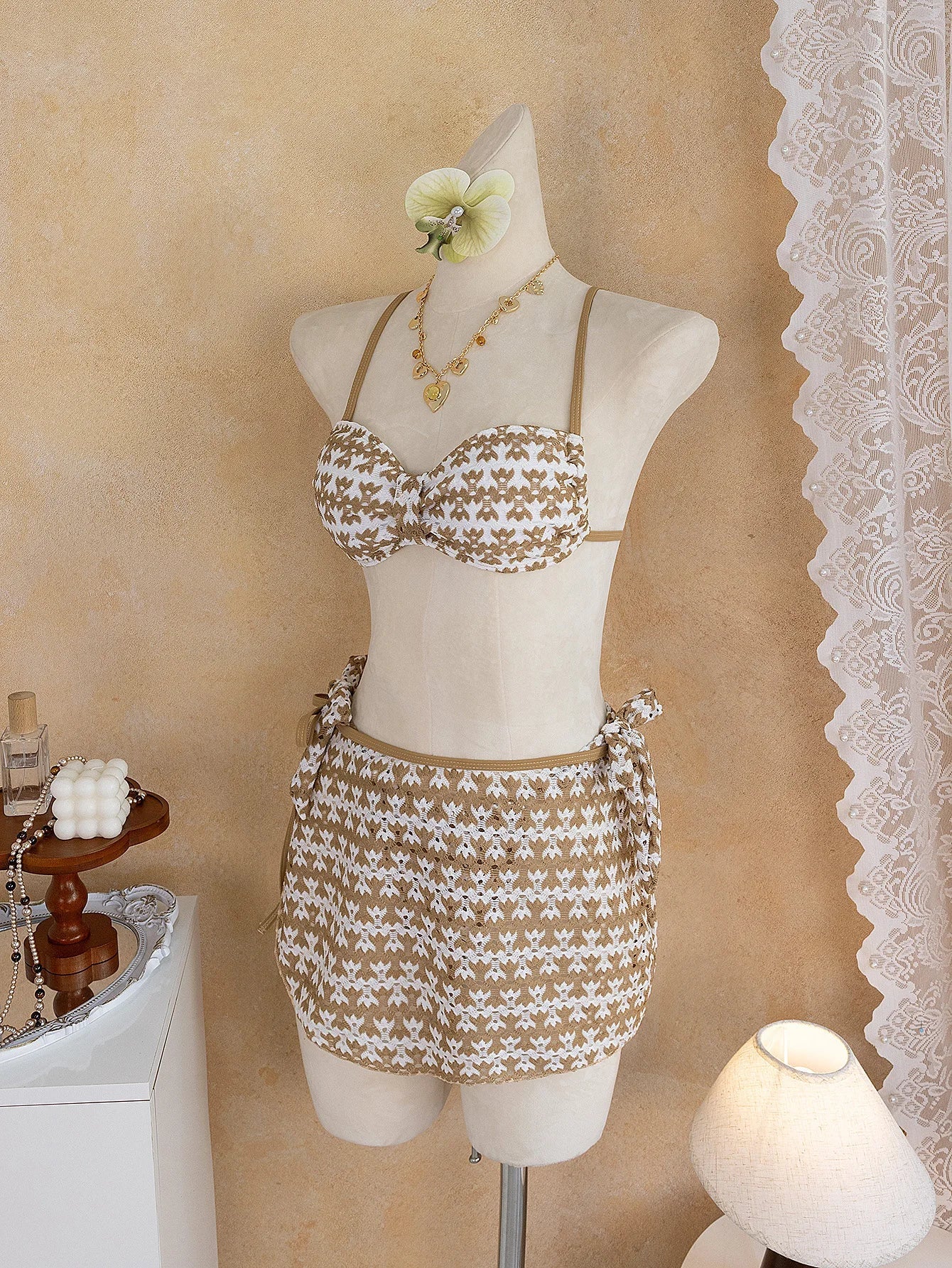 Vintage Khaki Striped Knitted Bikini Set