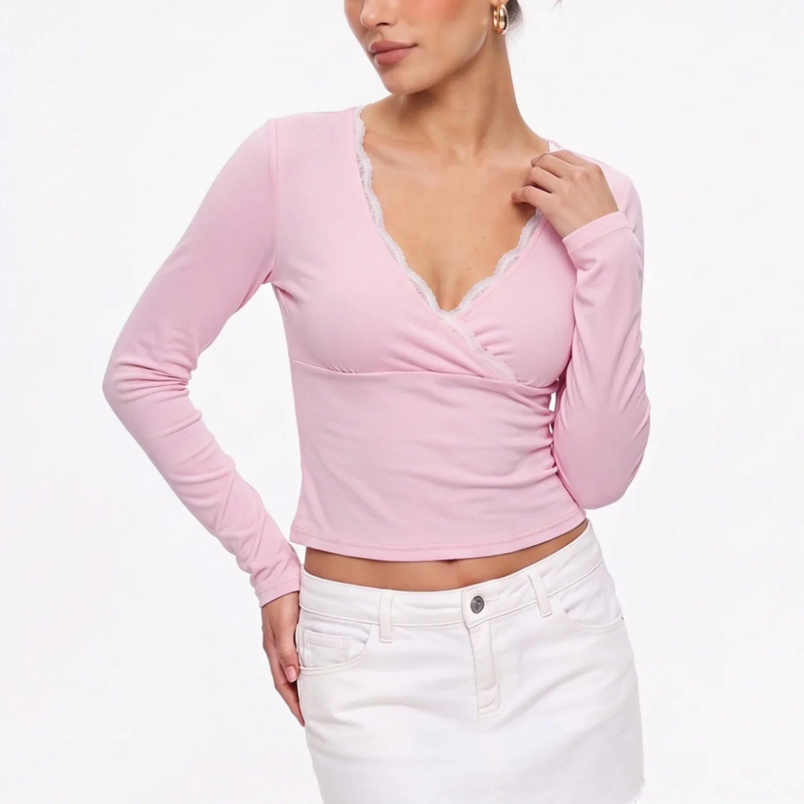 Solid Color V Neck Long Sleeve Lace Trim Crop Tops