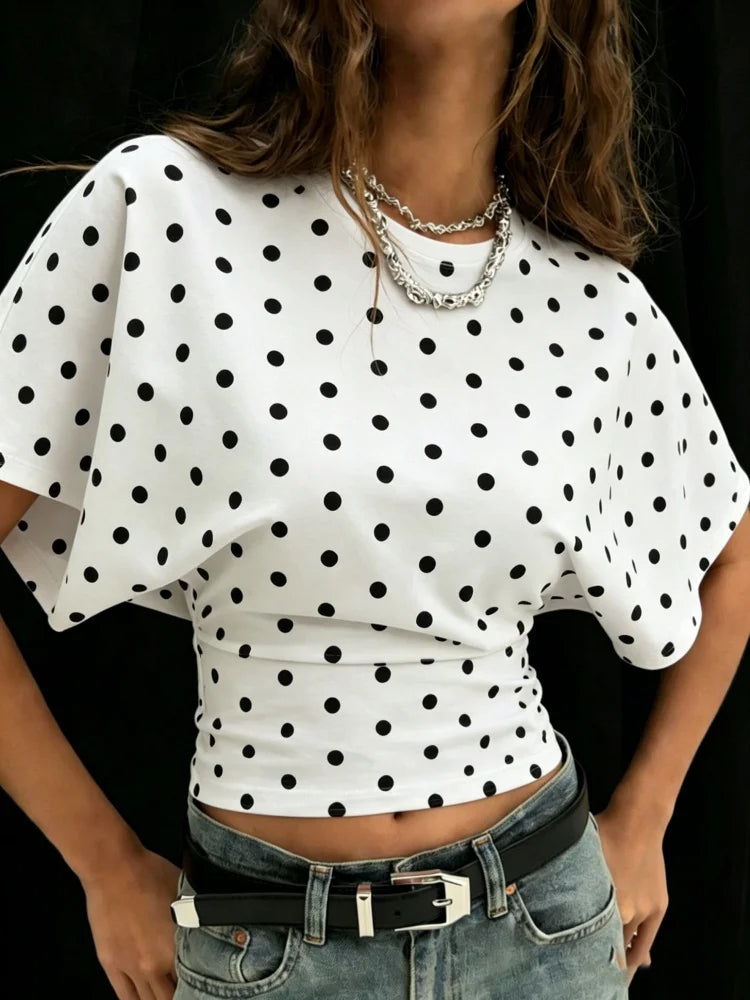 Round Neck Pleating Polka Dots Dolman Sleeve Crop Top