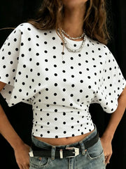 Round Neck Pleating Polka Dots Dolman Sleeve Crop Top