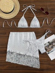 White Tassel Skirt 3 Piece Bikinis Sets