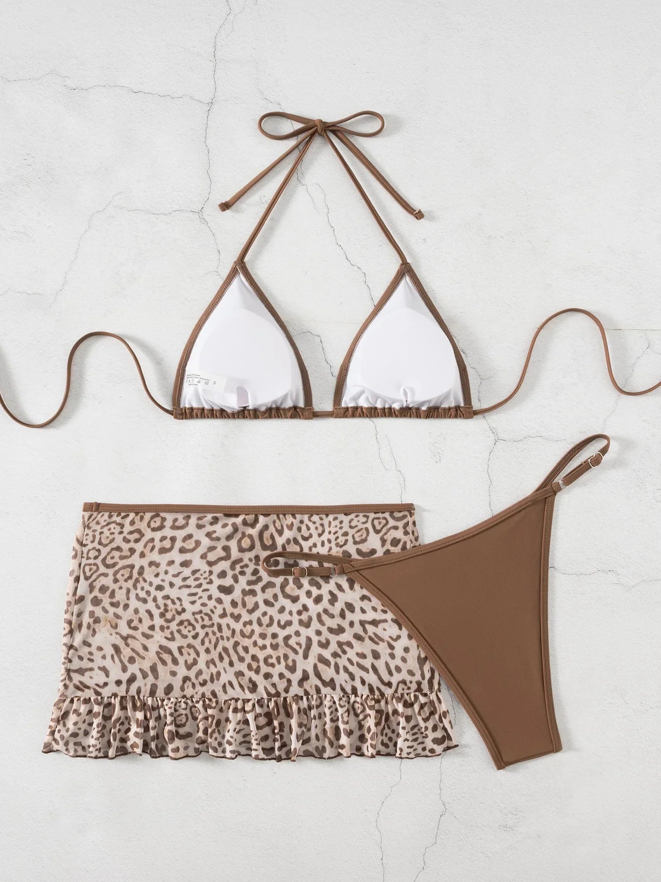 Sexy Brown Leopard Print Skirt 3 Piece Bikini Set