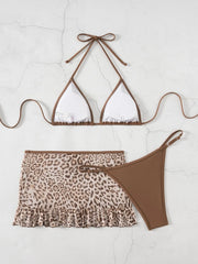 Sexy Brown Leopard Print Skirt 3 Piece Bikini Set