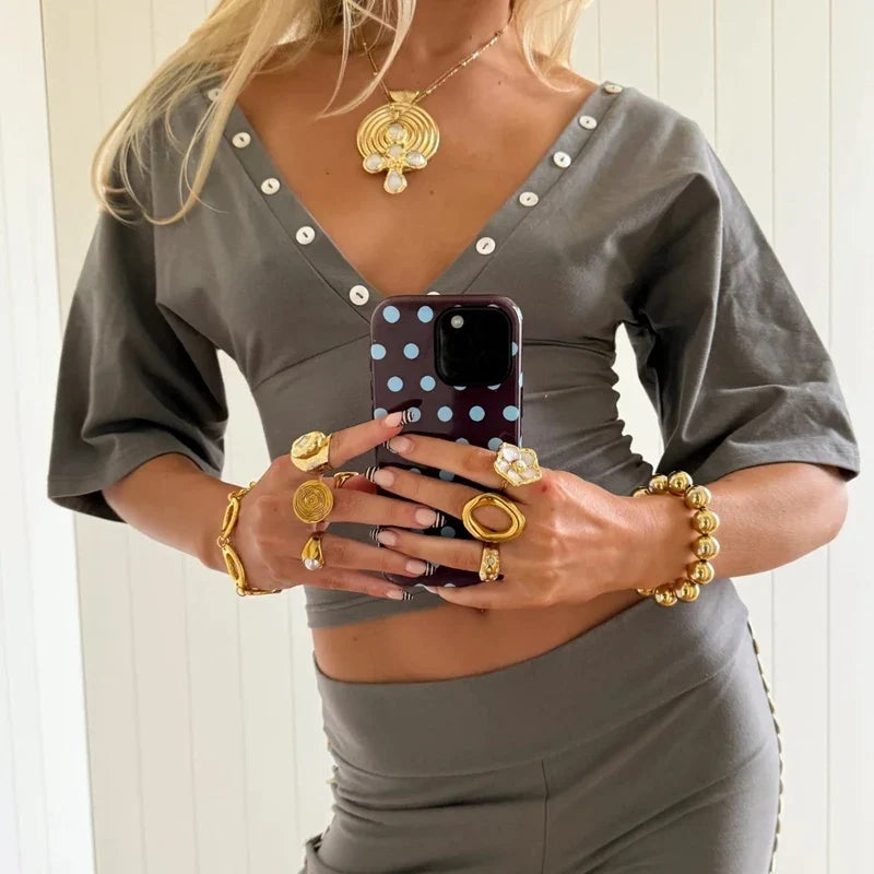 Button Deep V Neck Crop Top