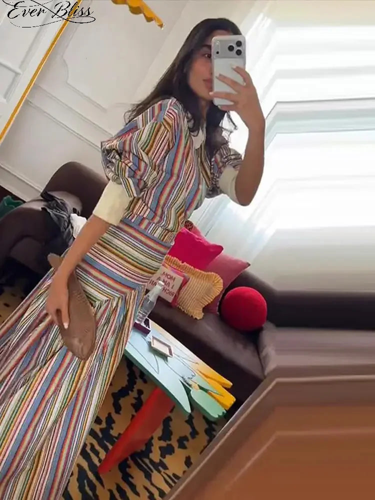 Boho Colorful Stripe Skirt Set Turn Down Collar Single Breasted Long Sleeve Shirt Fitted Waist Flowy Skirts Outfits