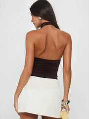 Halter Neck Draped Neck Fitted Pleated Crop Top