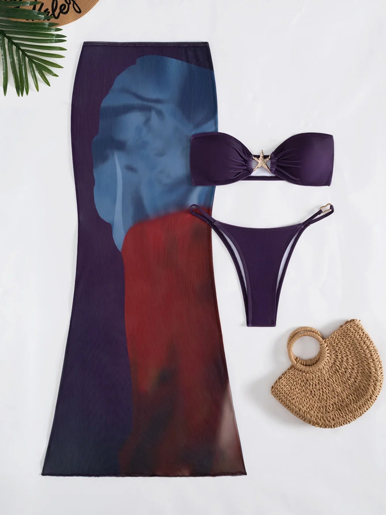 Vintage Floral Print Ruffles Long Skirt Bikini Set