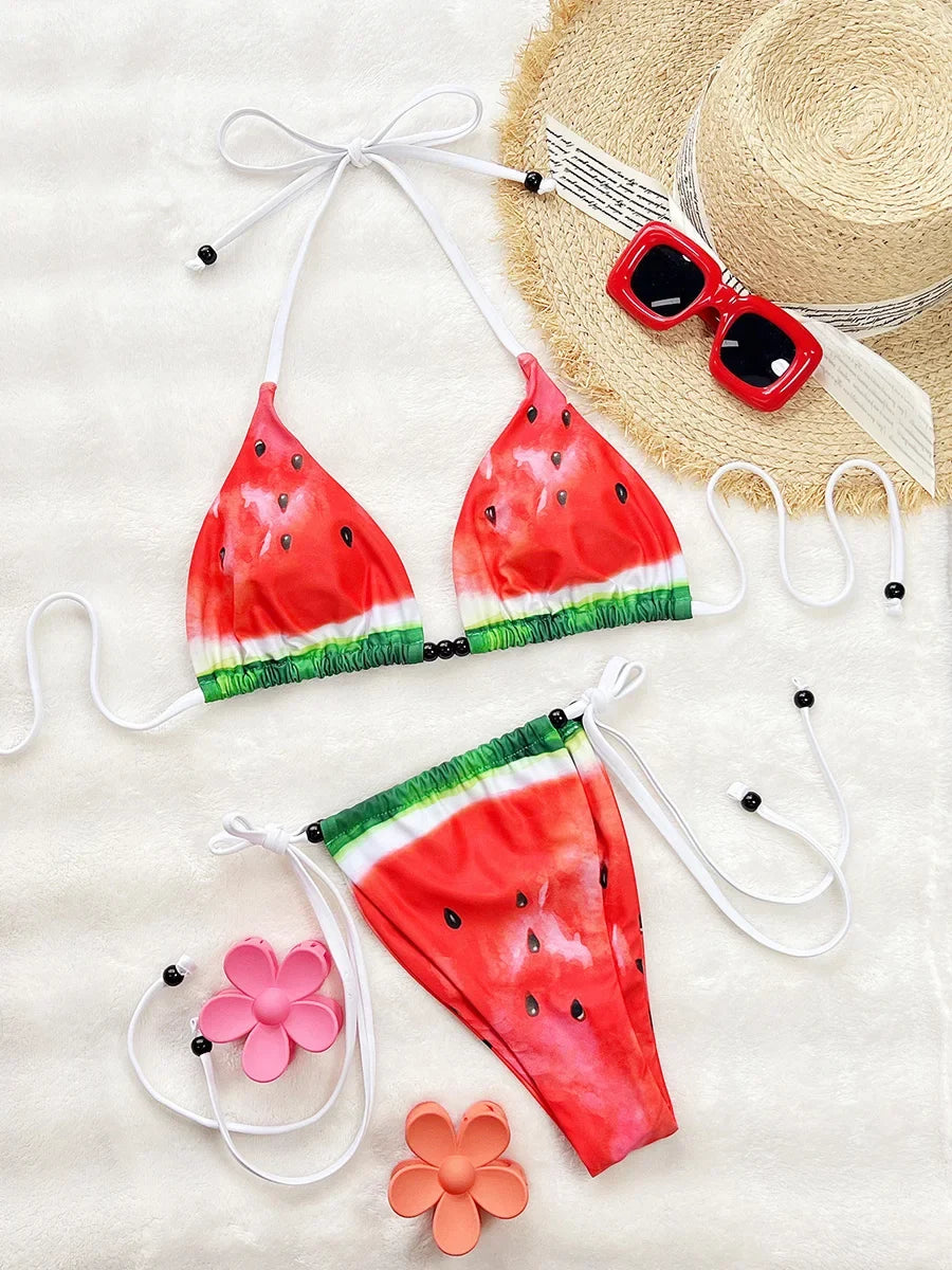 Watermelon Printed Halter Strappy Bikini