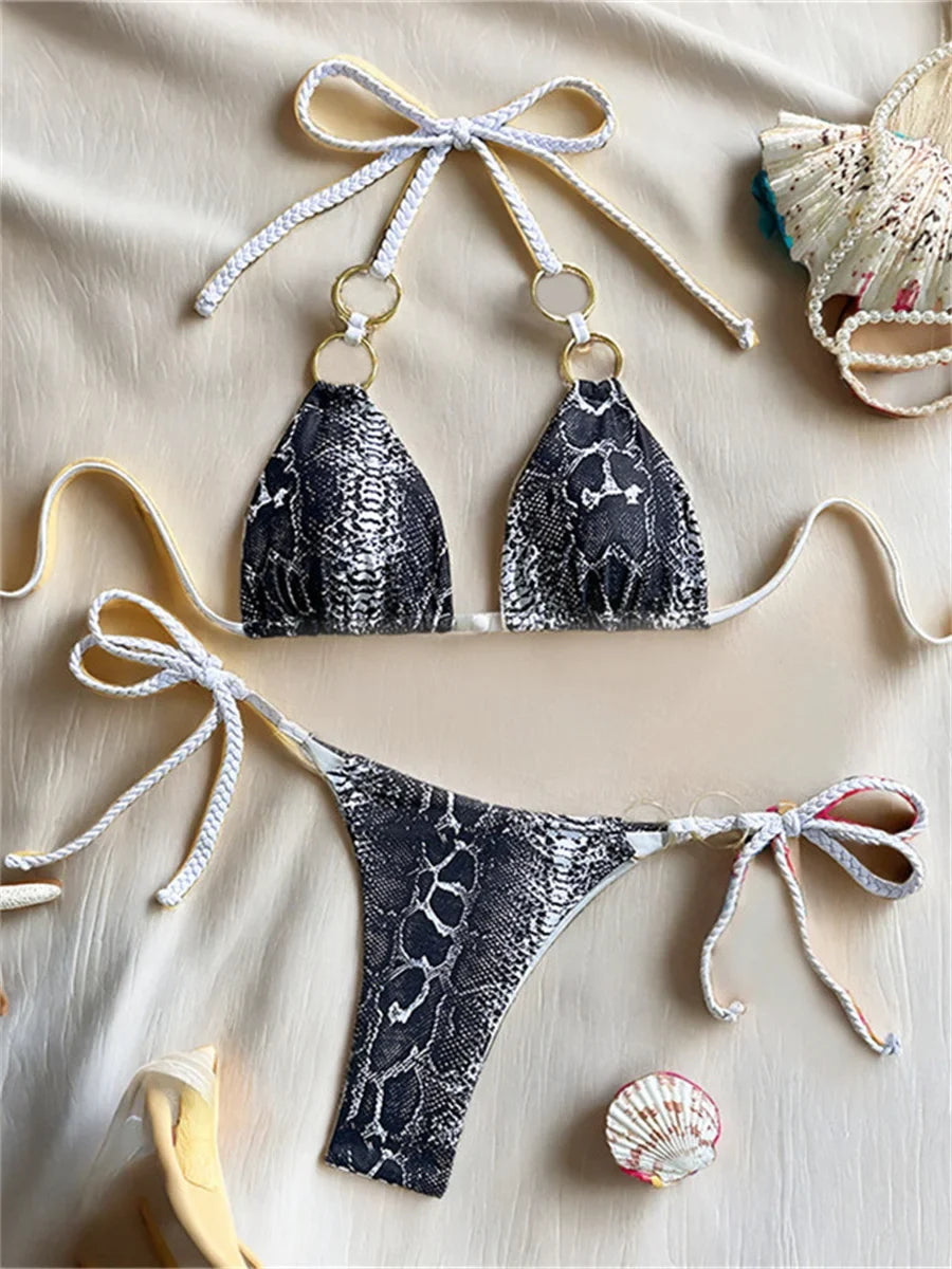 Sexy Black Snakeskin Print Micro Bikini