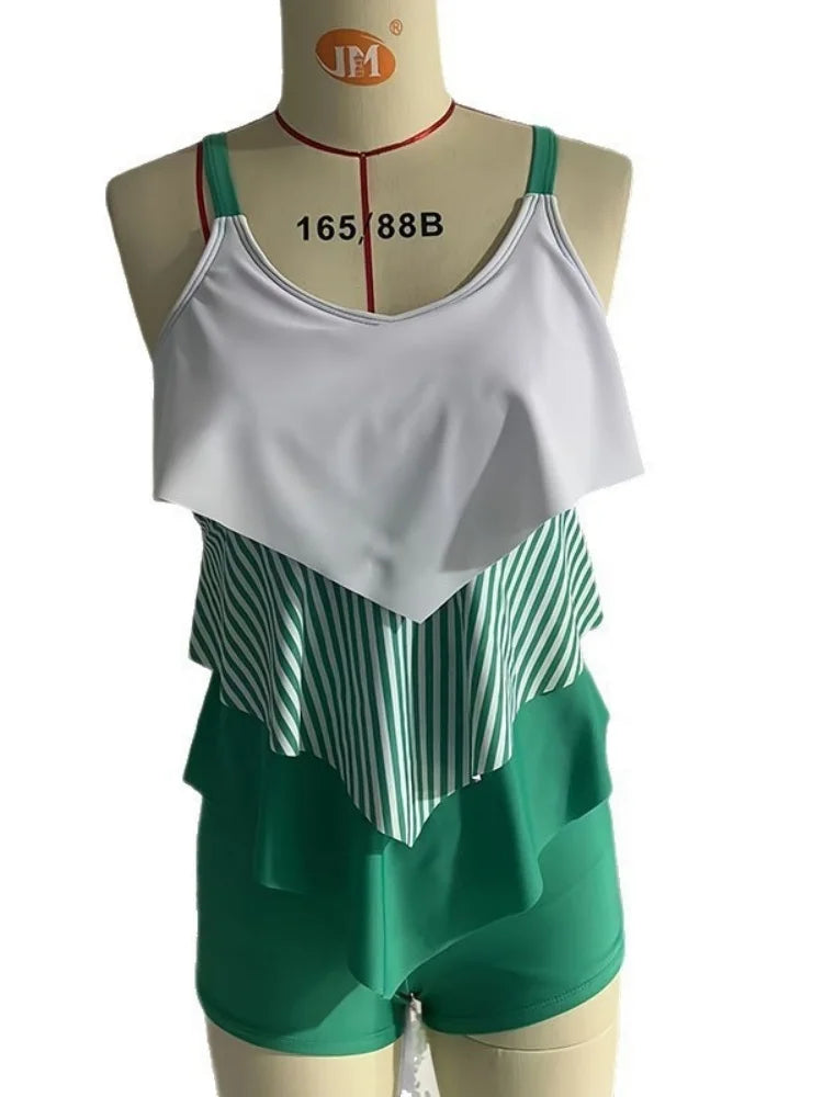 Retro Green Striped 2 Piece Swimsuit