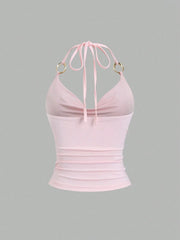 Drape V-Neck Metal Decor Slim Fit Backless Halter Neck Cami Top