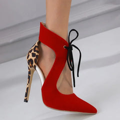 Thin Heel Pointed Toe Front Lace-up Flock Mixed Colors Banquet High Heel