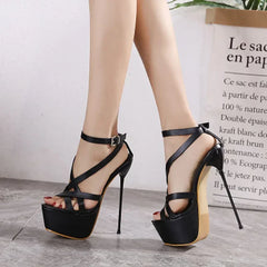 club narrow band crossover hollow buckle strap Thin high heel black High Heel