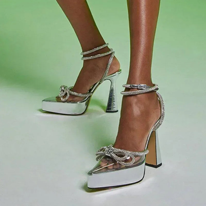 Elegant PVC Transparent Pointed Platform Rhinestone Butterfly-knot High Heel