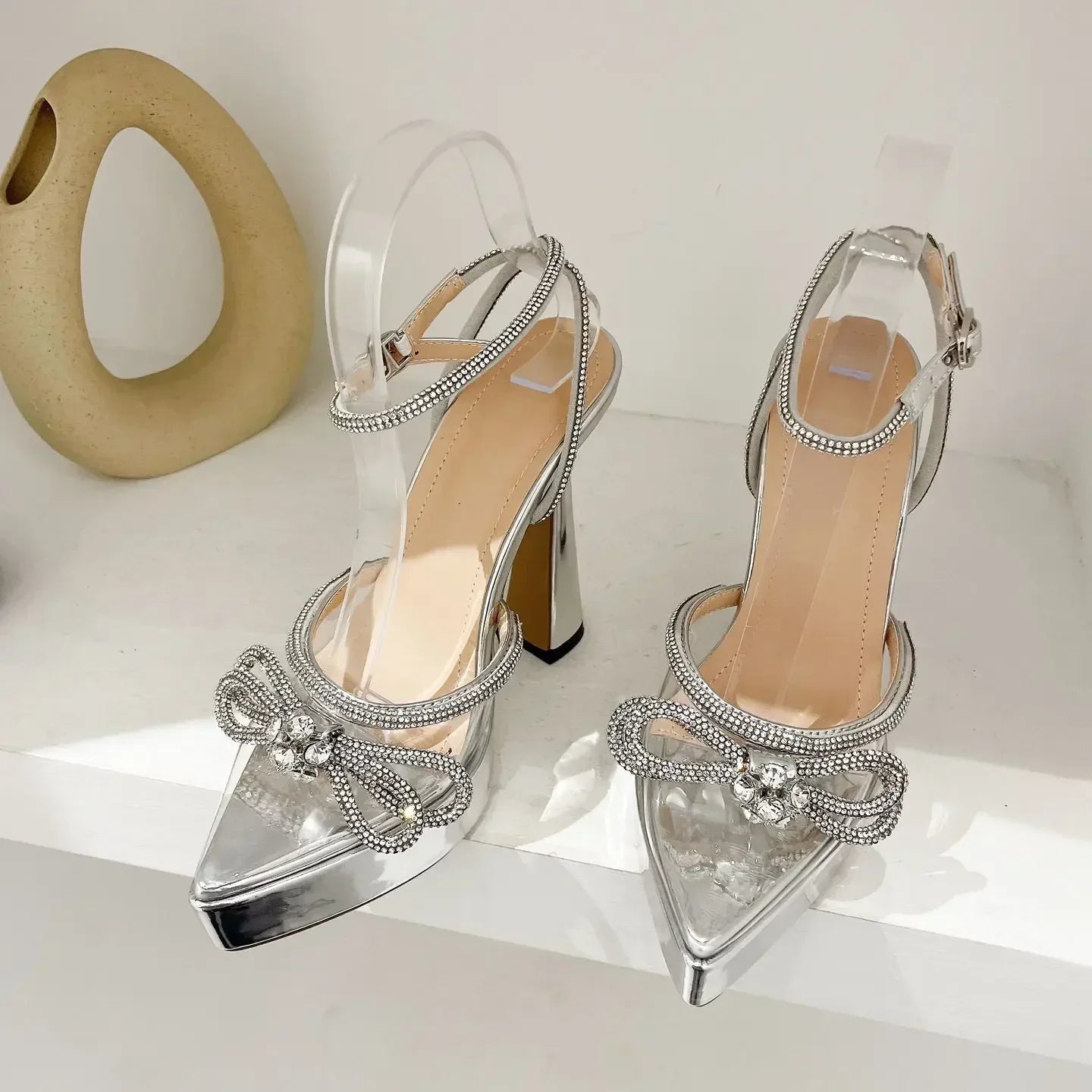 Elegant PVC Transparent Pointed Platform Rhinestone Butterfly-knot High Heel