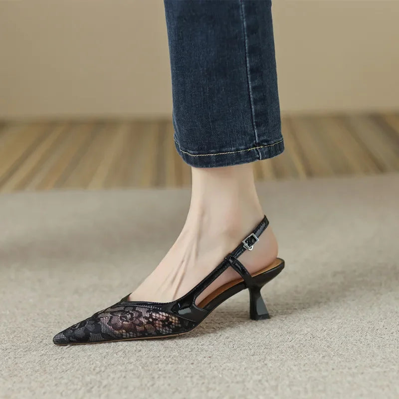 Lace Pointed Stiletto New Back Empty Women's Shoes Low Heel Pumps