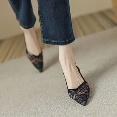 Lace Pointed Stiletto New Back Empty Women's Shoes Low Heel Pumps
