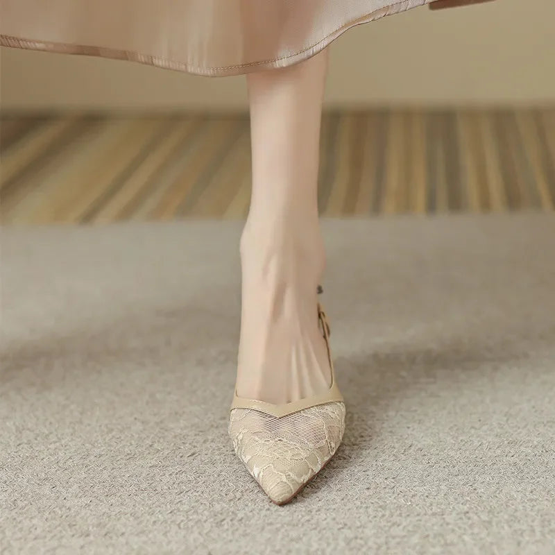 Lace Pointed Stiletto New Back Empty Women's Shoes Low Heel Pumps